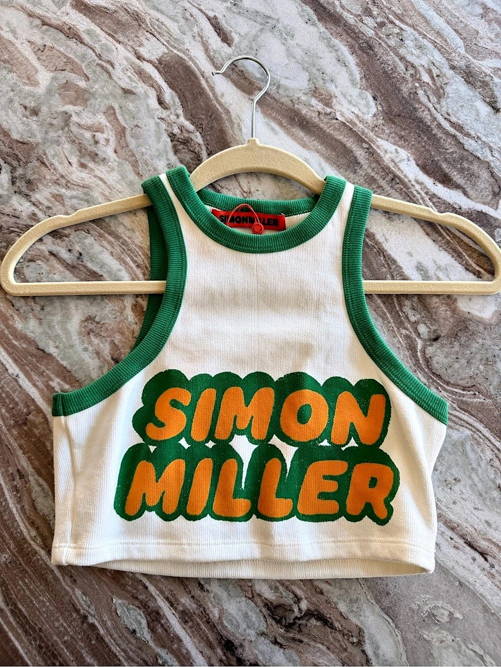 Simon Miller Logo Crop Tank Graphic Ribbed Top White & Green XS